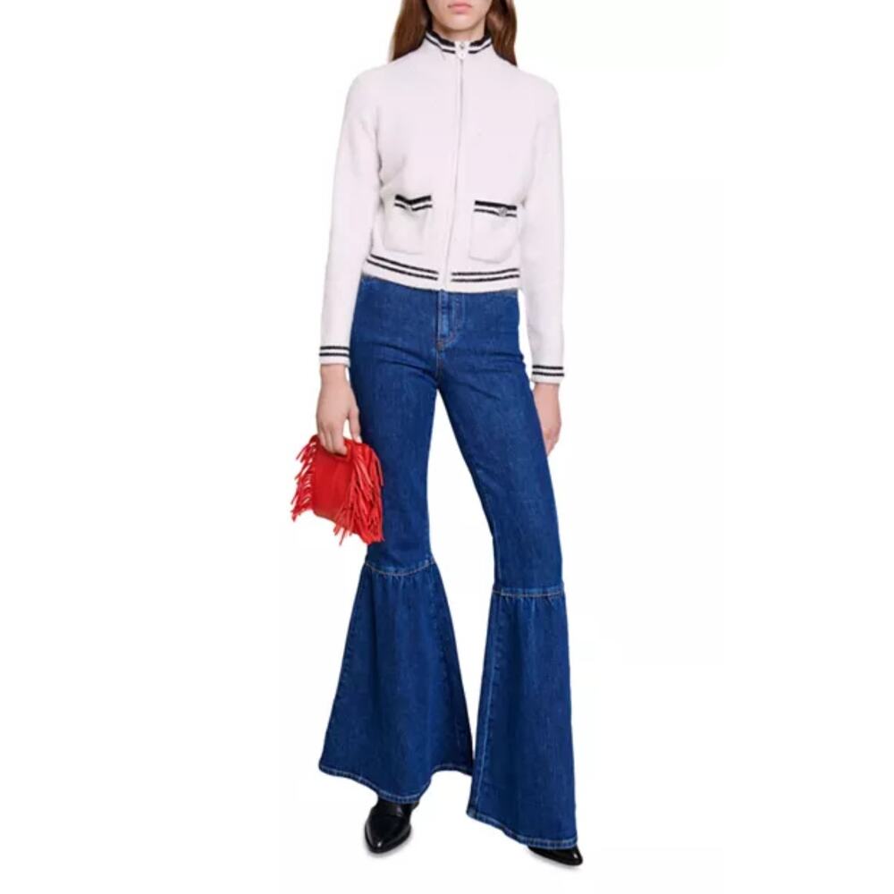 Maje Designer Zip Up Cardigan Sweater Sparkle Metallic Knit White Black Large